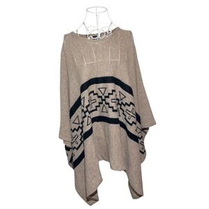 +Beryll 100% Cashmere Poncho Sweater Southwestern Geometric Beige Black USA Made